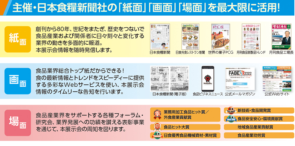 主催・日本食糧新聞社の「紙面」「画面」「場面」を最大限に活用！紙面創刊から80年、世紀をまたぎ、歴史をつないで 食品産業および関係者に日々刻々と変化する 業界の動きを多面的に報道。 本展示会情報を随時発信します。日本食糧新聞 日食外食レストラン新聞 世界の菓子ＰＣＧ 月刊食品新製品トレンド月刊食品工場長 画面 食品業界総合トップ紙だからできる！ 食の最新情報とトレンドをスピーディーに提供 する多彩なWebサービスを使い、本展示会 情報のタイムリーな告知を行います。日本食糧新聞（電子版） 食品ビジネスニュース 公式メールマガジン 公式Webサイト 場面 食品産業界をサポートする各種フォーラム・ 研究会、業界発展への功績を讃える表彰事業 を通じて、本展示会の周知を図ります。全国の食品産業界の情報を網羅する主催者のネットワーク食品産業の行政、経営、人、商品 をいち早く報道する新聞として 食品界ではナンバーワンの総合 専門紙です。 北海道支局 東北支局 東京本社 関西支社 中部支社 新潟支局 長野支局 中国支局 九州支局食品専門のメディアが培ってきた 信頼と実績があります！媒体での出展商品のPR、業界動向の 情報提供、多くの業界関係者・ 質の高いバイヤーの招致など 主催・日本食糧新聞社ならではの あらゆる角度でみなさまの 出展をバックアップします！ 
