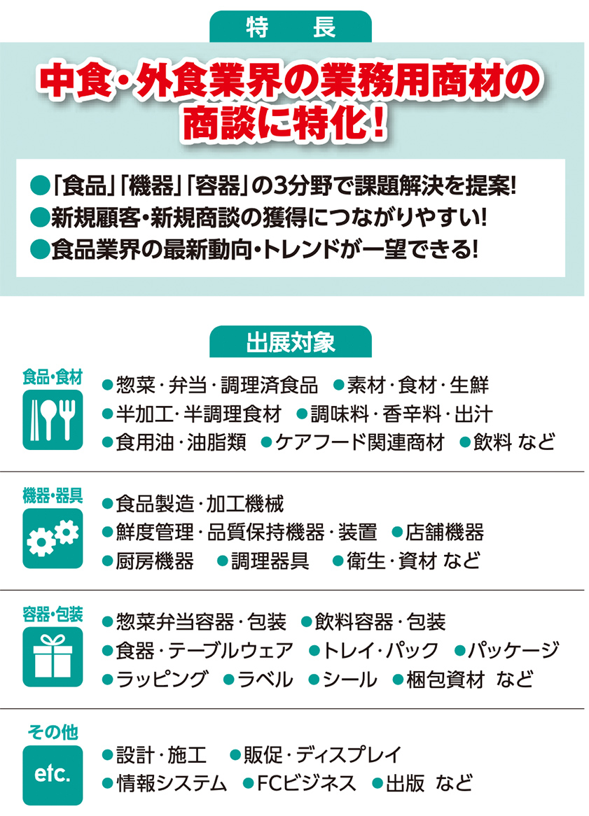 業界の発展と食文化の向上を目指した連携のもと 中食・外食産業の有力団体が全面的に応援！  特　長 中食・外食業界の業務用商材の商談に特化！  ●「食品」「機器」「容器」の3分野で課題解決を提案！ ●新規顧客・新規商談の獲得につながりやすい！ ●食品業界の最新動向・トレンドが一望できる！出展対象  【食品・食材】 ●惣菜・弁当・調理済食品 ●素材・食材・生鮮 ●半加工・半調理食材 ●調味料・香辛料・出汁 ●食用油・油脂類 ●ケアフード関連商材 ●飲料 など  【機器・器具】 ●食品製造・加工機械 ●鮮度管理・品質保持機器・装置 ●店舗機器 ●厨房機器 ●調理器具 ●衛生・資材 など  【容器・包装】 ●惣菜弁当容器・包装 ●飲料容器・包装 ●食器・テーブルウェア ●トレイ・パック ●パッケージ ●ラッピング ●ラベル ●シール ●梱包資材 など  【その他 etc.】 ●設計・施工 ●販促・ディスプレイ ●情報システム ●FCビジネス ●出版 など