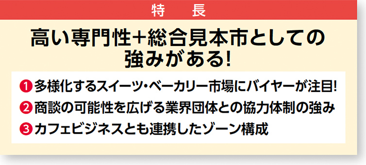特徴高い専門性+総合見本市としての 強みがある！ ❶多様化するスイーツ・ベーカリー市場にバイヤーが注目！ ❷商談の可能性を広げる業界団体との協力体制の強み ❸カフェビジネスとも連携したゾーン構成