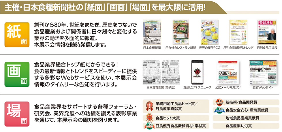 主催・日本食糧新聞社の「紙面」「画面」「場面」を最大限に活用、 ■紙面：日本食糧新聞、日食外食レストラン新聞、世界の菓子PCG、月刊食品卸売業トレンド、月刊食品工場長、 ■画面：日本食糧新聞（電子版）、食品ビジネスニュース、公式メールマガジン、FABEX公式Webサイト、 ■場面：業務用加工食品ヒット賞、外食産業貢献賞、食品ヒット大賞、日食優秀食品機械資材・素材賞、新技術・食品開発賞、食品安全安心・環境貢献賞、地域食品産業貢献賞、食品産業功労賞、 紙面での情報発信、画面でのWeb・ニュース配信、場面での展示会・表彰など多角的に展開