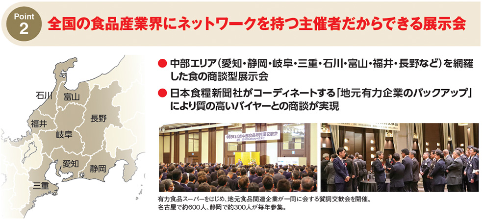 Point 2：全国の食品産業界にネットワークを持つ主催者だからできる展示会、 中部エリア（愛知・静岡・岐阜・三重・石川・富山・福井・長野）を網羅した食の商談型展示会、 日本食糧新聞社がコーディネートする地元有力企業のバックアップにより質の高いバイヤーとの商談を実現、 背景に中部地方の地図、主要8県をハイライト、 写真：会場内での商談風景と講演の様子、有力食品スーパーや地元食品関連企業が一堂に会する質の高い交流会の様子を紹介