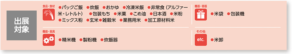 出展対象●米卸●精米機 ●製粉機 ●炊飯器出展 対象特 長❶国内唯一「お米」専門展示会 ❷米消費が広がる中食・外食・デザート分野のバイヤーにもワンストップで提案可能 ❸併催展示会との相乗効果で、有力バイヤーを誘致。●パックご飯 ●炊飯 ●おかゆ ●冷凍米飯 ●非常食（アルファー 米・レトルト） ●包装もち ●米菓 ●こめ油 ●日本酒 ●米粉 ●ミックス粉 ●玄米●雑穀米 ●業務用米 ●加工原材料米●米袋 ●包装機