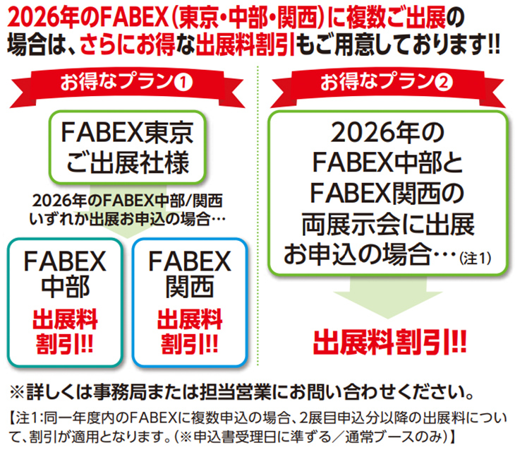 2026年のFABEX（東京・中部・関西）に複数ご出展の場合は、さらにお得な出展料割引もご用意しております!! お得なプラン① FABEX東京ご出展社様 2026年のFABEX中部/関西いずれか出展お申込の場合… FABEX中部 出展料割引!! FABEX関西 出展料割引!! お得なプラン② 2026年のFABEX中部とFABEX関西の両展示会に出展お申込の場合…（注1） 出展料割引!! ※詳しくは事務局または担当営業にお問い合わせください。 【注1:同一年度内のFABEXに複数申込の場合、2展目申込分以降の出展料について、割引が適用となります。（※申込書受理日に準ずる 通常ブースのみ）】