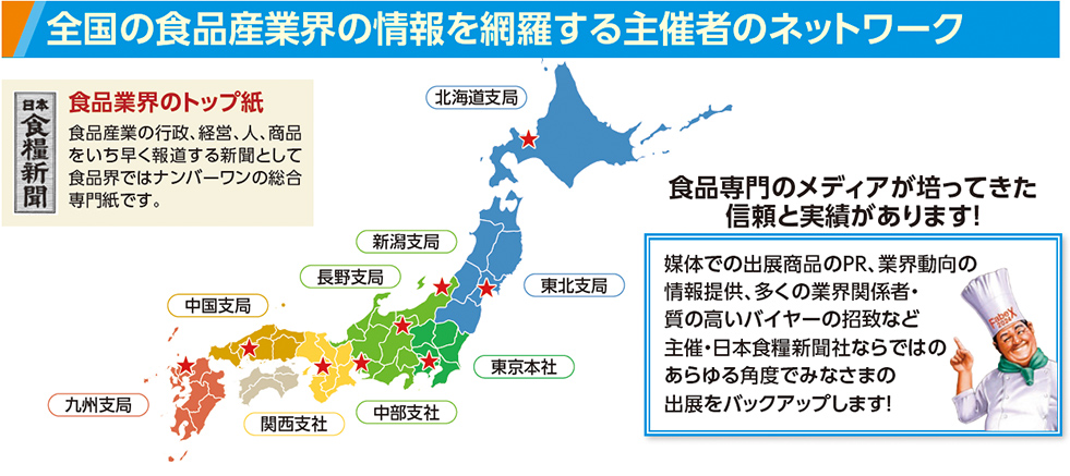 全国の食品産業界の情報を網羅する主催者のネットワーク [日本日本食糧新聞]食品業界のトップ紙 食品産業の行政、経営、人、商品 をいち早く報道する新聞として 食品界ではナンバーワンの総合 専門紙です。北海道支局　東北支局　新潟支局　東京本社　長野支局　中部支社　関西支社　中国支局　九州支局