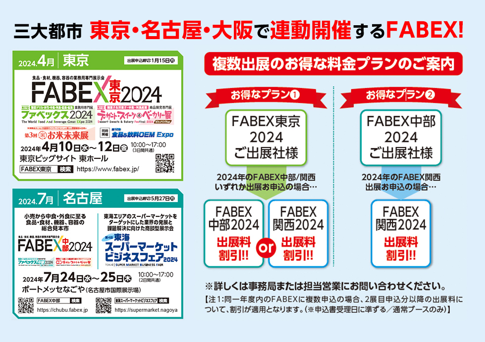 三大都市 東京・名古屋・大阪で 連動開催するFABEX！ 複数出展のお得な料金プランのご案内 ※詳しくは事務局または担当営業にお問い合わせください。 【注1：同一年度内のFABEXに複数申込の場合、2展目申込分以降の出展料に ついて、割引が適用となります。（※申込書受理日に準ずる／通常ブースのみ）】2024.4月 東京 https://www.fabex.jp/ 東京ビッグサイト 東ホール 2024年4月10日水～12日金10：00～17：00 （3日間共通） FABEX東京 同時 開催 or 出展申込締切：5月27日月 出展申込締切：1月15日月 2024.7月 名古屋 ポートメッセなごや（名古屋市国際展示場） 2024年7月24日水～25日木10：00～17：00 （2日間共通） FABEX中部東海スーパーマーケットビジネスフェア 小売から中食・外食に至る 食品・食材、機器、容器の 総合見本市 東海エリアのスーパーマーケットを ターゲットにした業界の発展と 課題解決に向けた商談型展示会 https://chubu.fabex.jp https://supermarket.nagoya 2024.4月 東京 https://www.fabex.jp/ 東京ビッグサイト 東ホール 2024年4月10日水～12日金10：00～17：00 （3日間共通） FABEX東京 同時 開催 or 出展申込締切：5月27日月 年間を通した一連の販促計画として、 ぜひFABEXへのご出展をご検討ください！